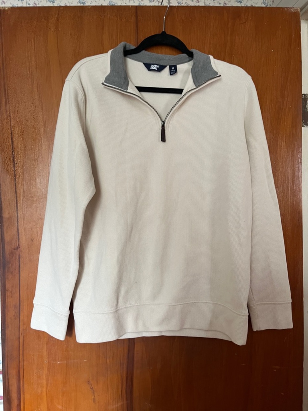 Lands' End Men's Cream Quarter-Zip Sweater with Gray Trim